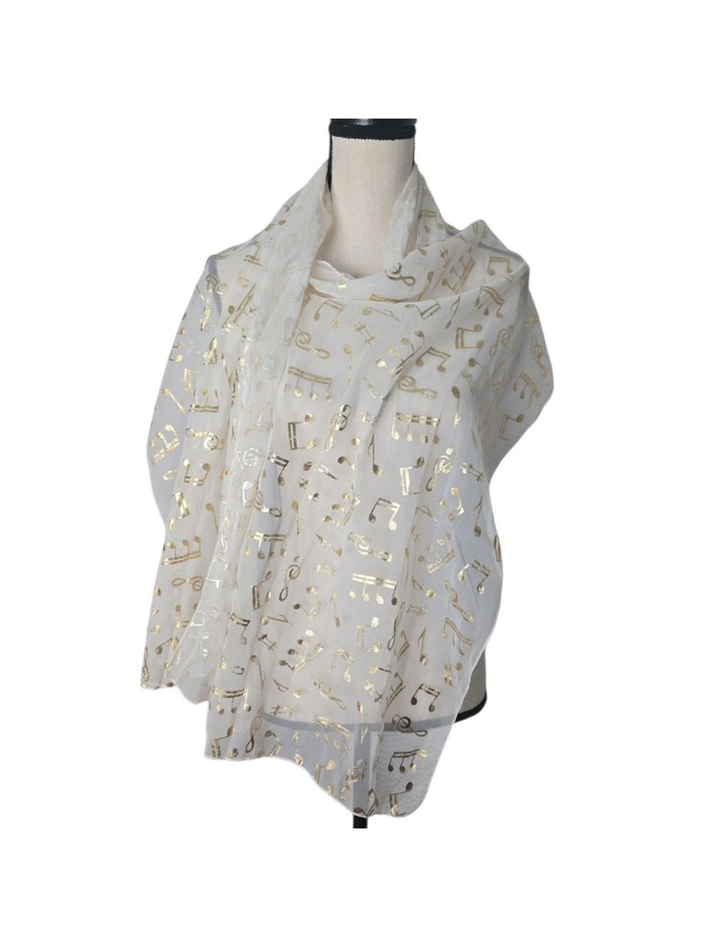 White Sheer Scarf Gold Foil Music Notes